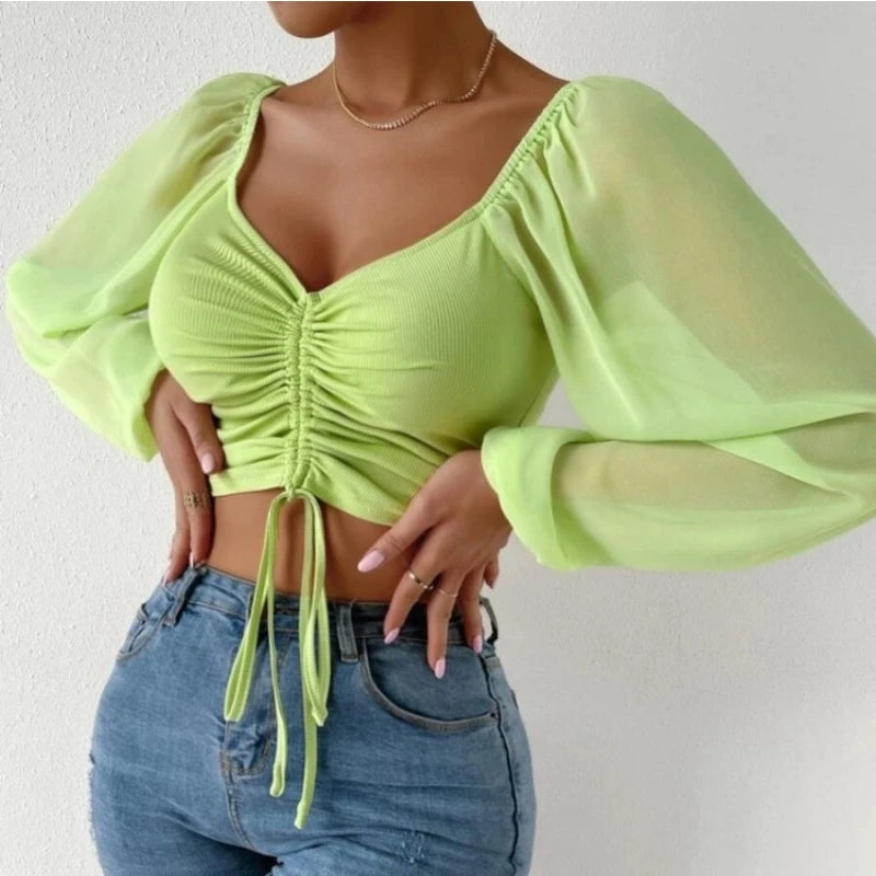 Sexy Mesh Lantern Sleeves Drawstring Wrap Top