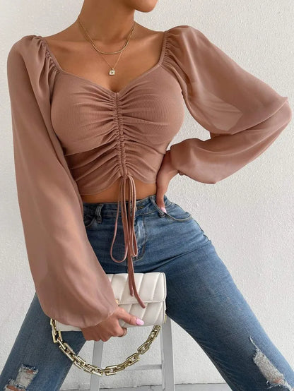 Sexy Mesh Lantern Sleeves Drawstring Wrap Top